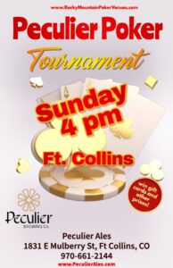 (Fort Collins) Win bar gift cards and earn bonus chips for the Peculier Ales Quarterly Tournament - Rocky Mountain Poker Venues @ Peculier Ales Fort Collins | Fort Collins | Colorado | United States